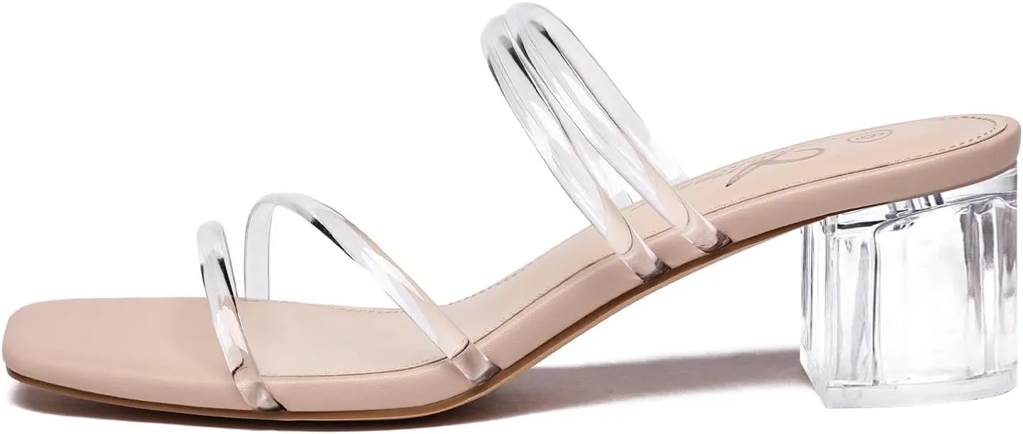 Athlefit Women's Strappy Block Chunky Heels Fashion Square Open Toe Slip On Heeled Sandals