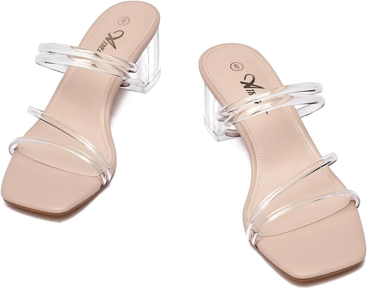 Athlefit Women's Strappy Block Chunky Heels Fashion Square Open Toe Slip On Heeled Sandals