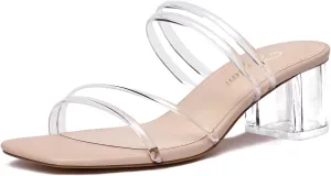 Athlefit Women's Strappy Block Chunky Heels Fashion Square Open Toe Slip On Heeled Sandals