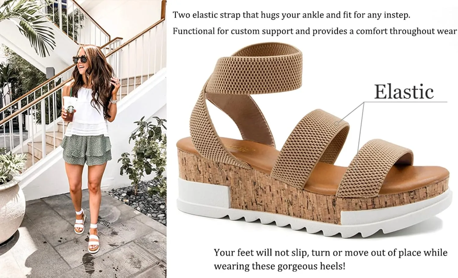 Athlefit Women's Wedge Sandals Platform Sandals Cork Elastic Strap Platform Sandals