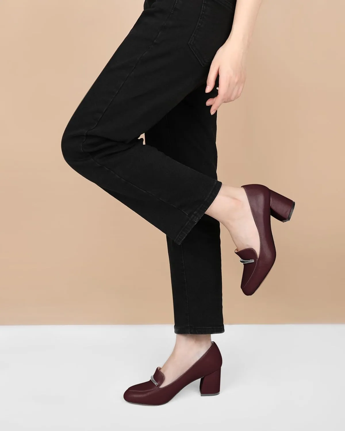 AUMOTED Heeled Loafers for Women Block Heel Loafers Comfortable Round Toe Chunky Pumps Women Work Low Heels Office Shoes 2.5 Inch
