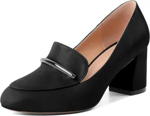 AUMOTED Heeled Loafers for Women Block Heel Loafers Comfortable Round Toe Chunky Pumps Women Work Low Heels Office Shoes 2.5 Inch