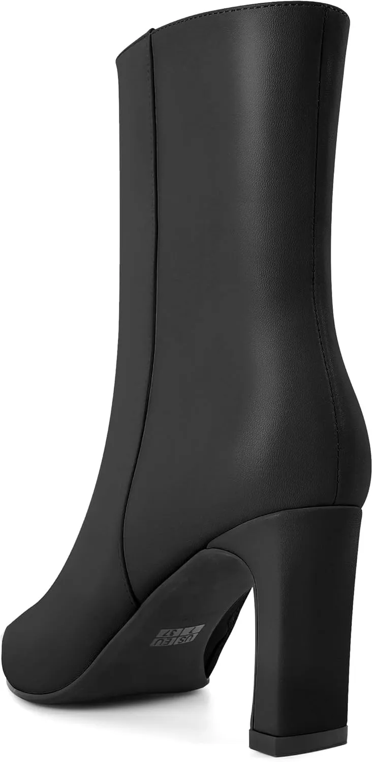 AUMOTED Women's Chunky High Heel Ankle Booties Silver Cap Square Toe Boots Side Zipper Fashion Short Boots 3.5 Inch