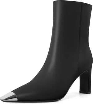 AUMOTED Women's Chunky High Heel Ankle Booties Silver Cap Square Toe Boots Side Zipper Fashion Short Boots 3.5 Inch