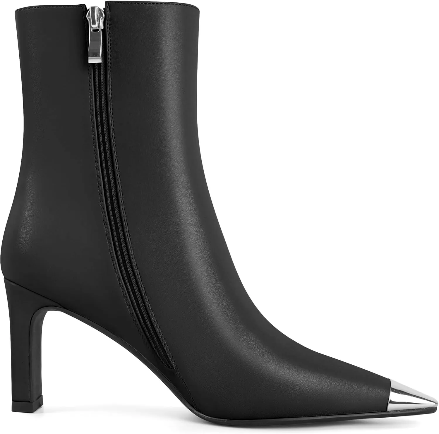 AUMOTED Women's Chunky High Heel Ankle Booties Silver Cap Square Toe Boots Side Zipper Fashion Short Boots 3.5 Inch