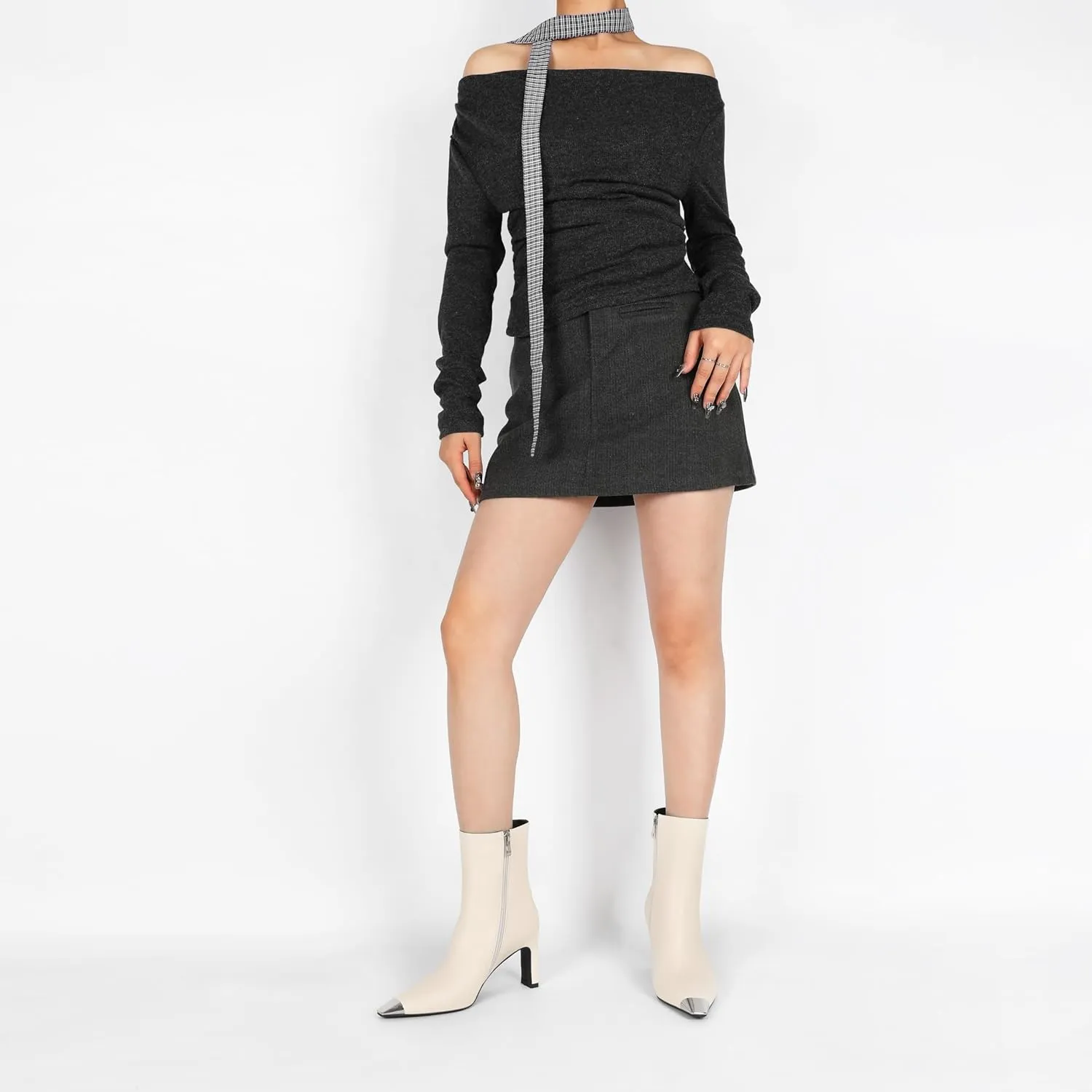 AUMOTED Women's Chunky High Heel Ankle Booties Silver Cap Square Toe Boots Side Zipper Fashion Short Boots 3.5 Inch