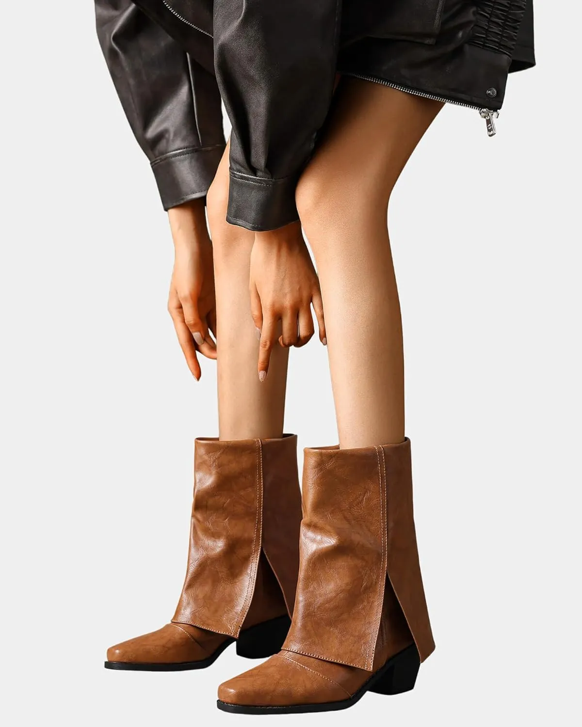 baobeijiadao Womens Square Toe Mid Calf Boots Chunky Heel Fold Over Boots Pull On Non Slip Fashion Boots for Women