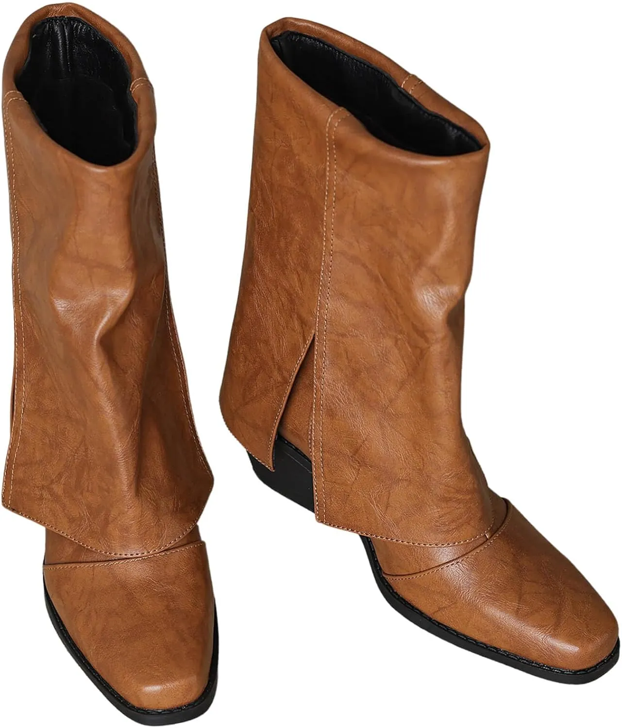 baobeijiadao Womens Square Toe Mid Calf Boots Chunky Heel Fold Over Boots Pull On Non Slip Fashion Boots for Women