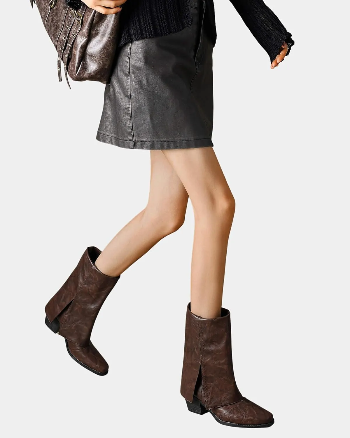 baobeijiadao Womens Square Toe Mid Calf Boots Chunky Heel Fold Over Boots Pull On Non Slip Fashion Boots for Women