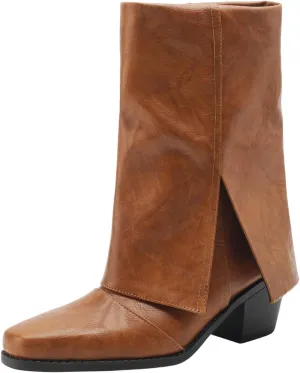 baobeijiadao Womens Square Toe Mid Calf Boots Chunky Heel Fold Over Boots Pull On Non Slip Fashion Boots for Women