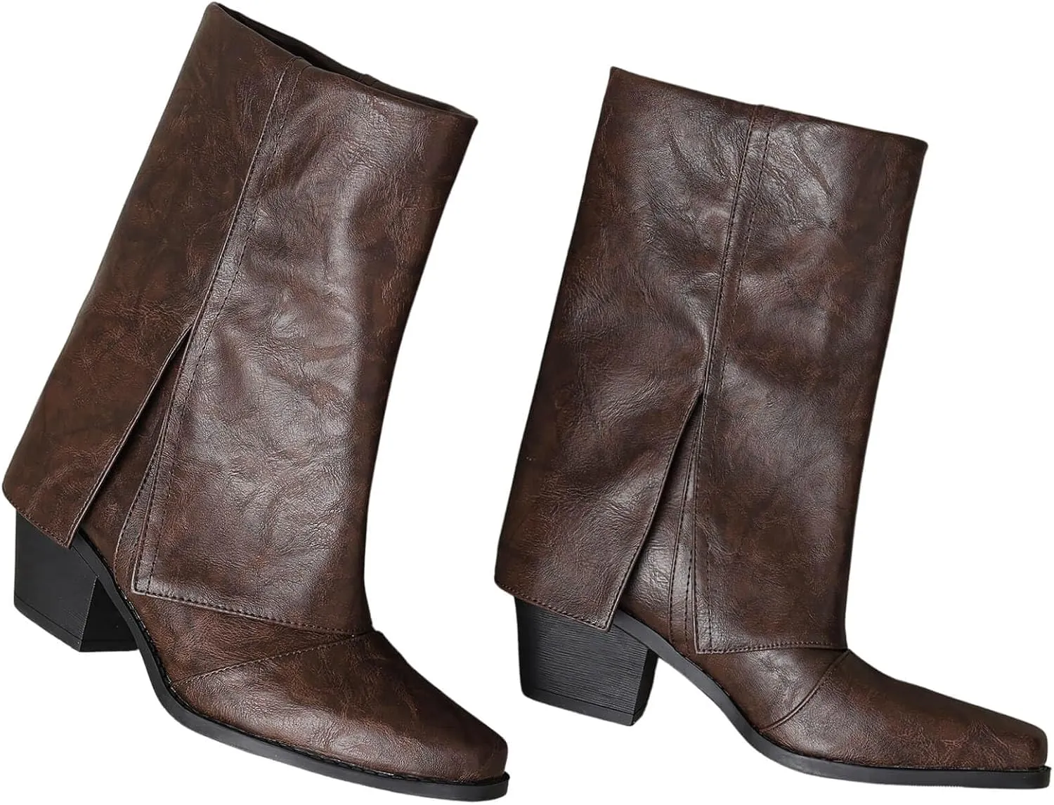 baobeijiadao Womens Square Toe Mid Calf Boots Chunky Heel Fold Over Boots Pull On Non Slip Fashion Boots for Women
