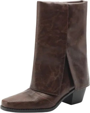 baobeijiadao Womens Square Toe Mid Calf Boots Chunky Heel Fold Over Boots Pull On Non Slip Fashion Boots for Women