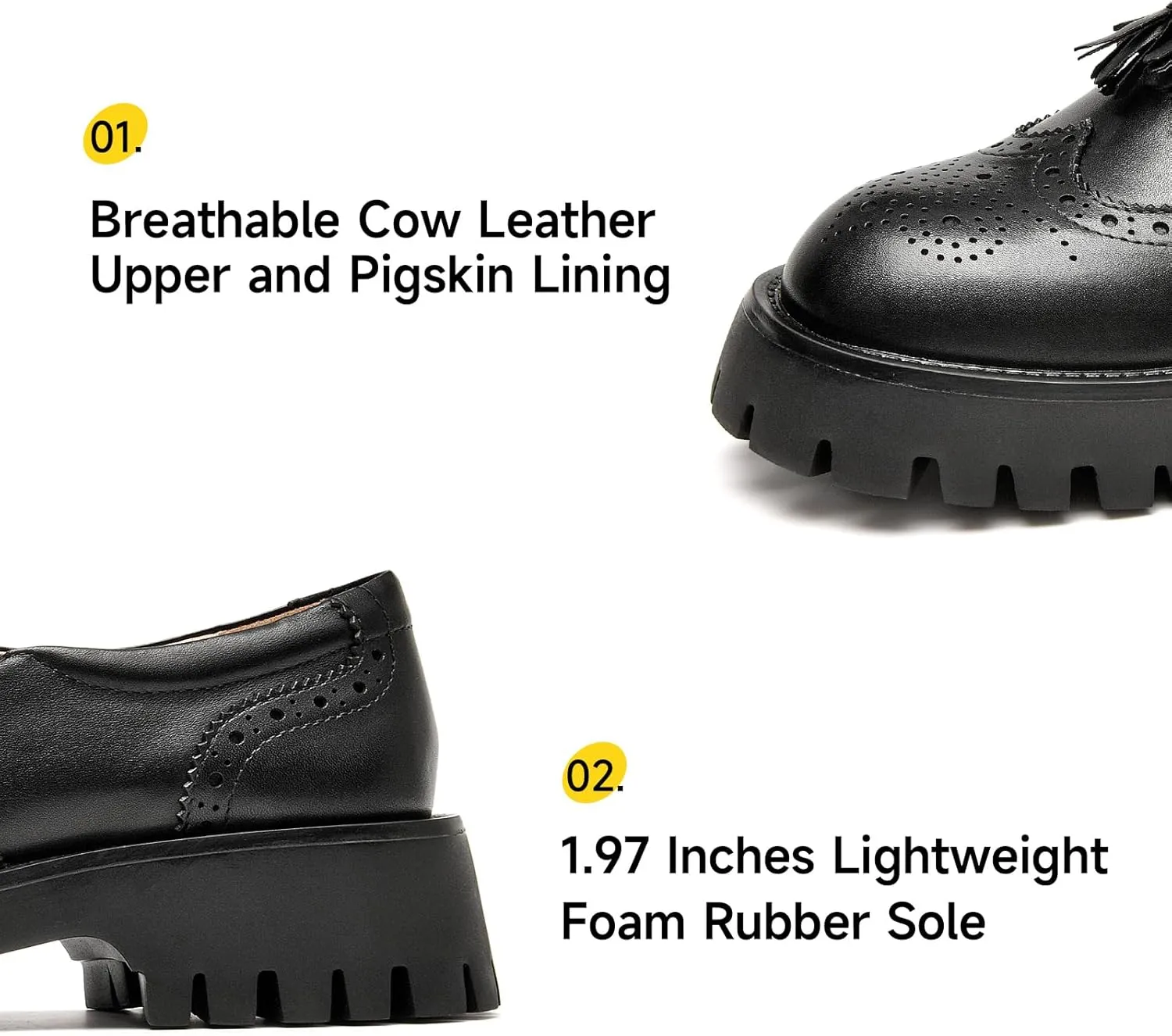 BEAU TODAY Chunky Loafers for Women, Women’s Leather Platform Loafers, Lug Sole Tassel Slip On Loafers Shoes Brogues Wingtip Casual Business Shoes Comfortable Dressy