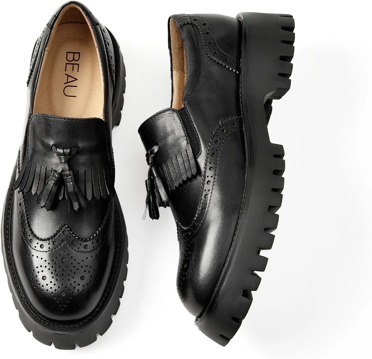 BEAU TODAY Chunky Loafers for Women, Women’s Leather Platform Loafers, Lug Sole Tassel Slip On Loafers Shoes Brogues Wingtip Casual Business Shoes Comfortable Dressy