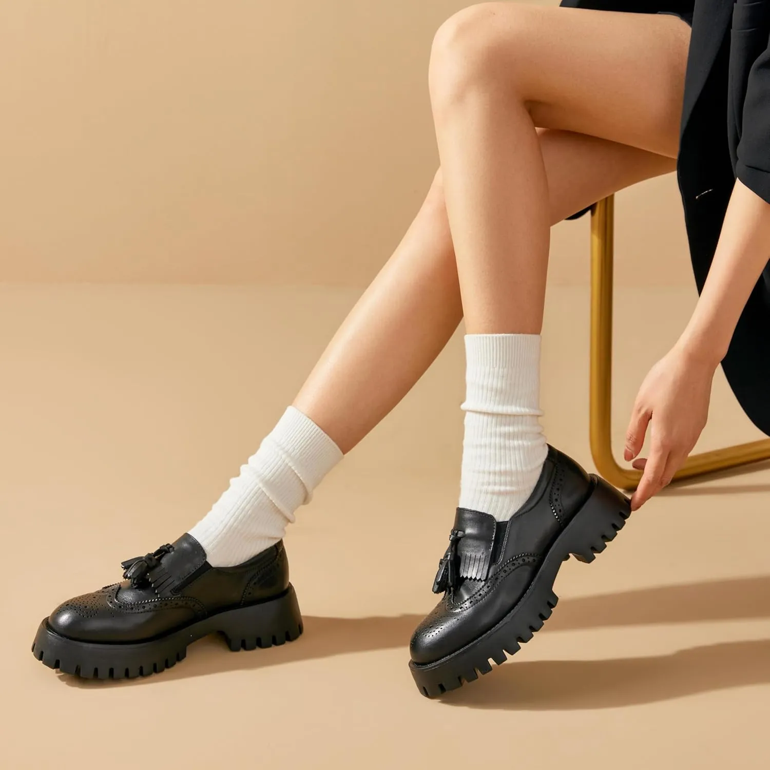 BEAU TODAY Chunky Loafers for Women, Women’s Leather Platform Loafers, Lug Sole Tassel Slip On Loafers Shoes Brogues Wingtip Casual Business Shoes Comfortable Dressy