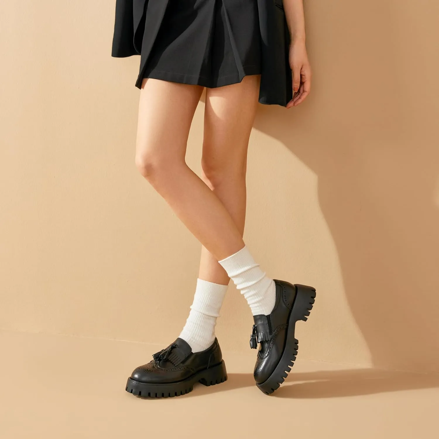 BEAU TODAY Chunky Loafers for Women, Women’s Leather Platform Loafers, Lug Sole Tassel Slip On Loafers Shoes Brogues Wingtip Casual Business Shoes Comfortable Dressy