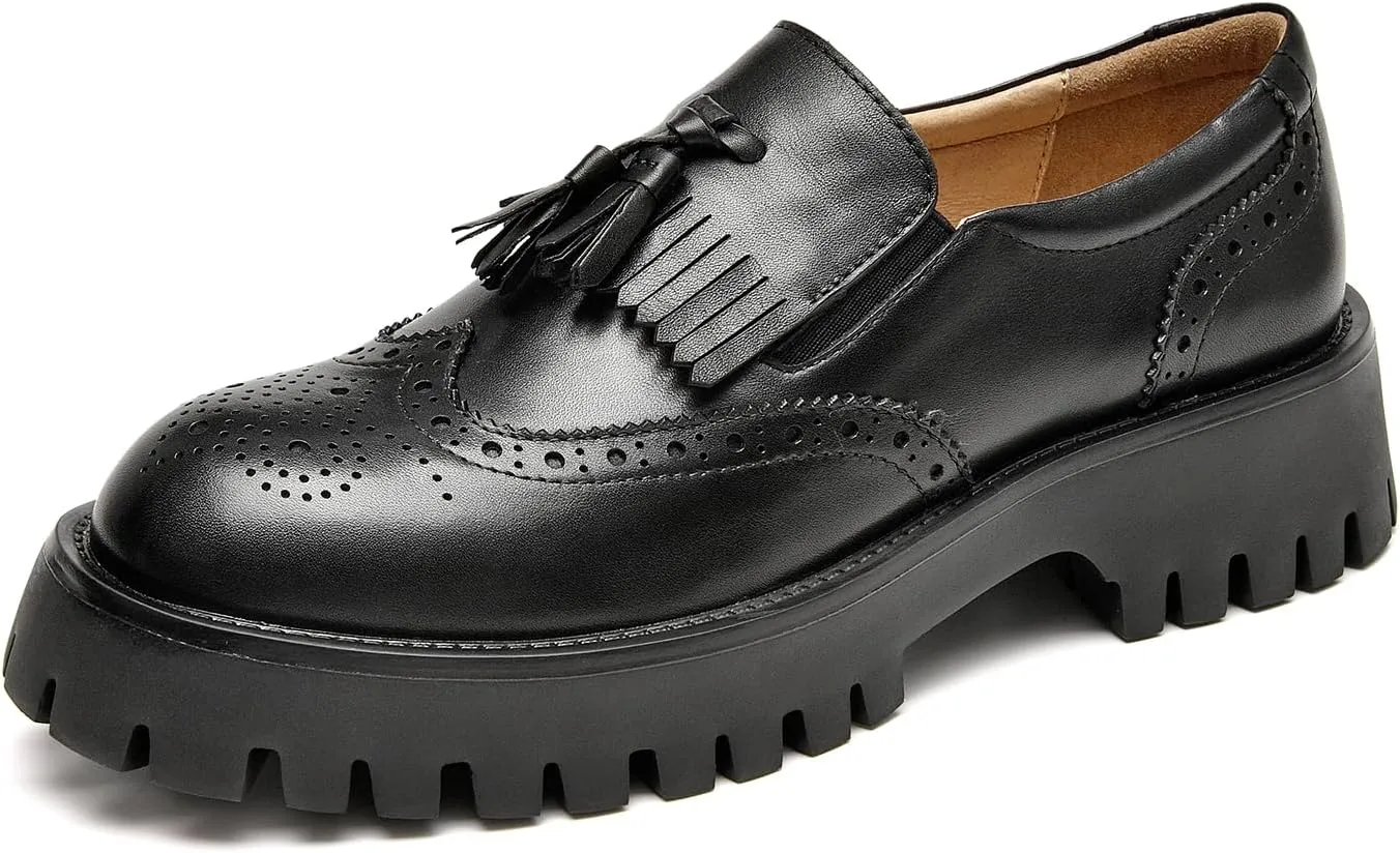 BEAU TODAY Chunky Loafers for Women, Women’s Leather Platform Loafers, Lug Sole Tassel Slip On Loafers Shoes Brogues Wingtip Casual Business Shoes Comfortable Dressy