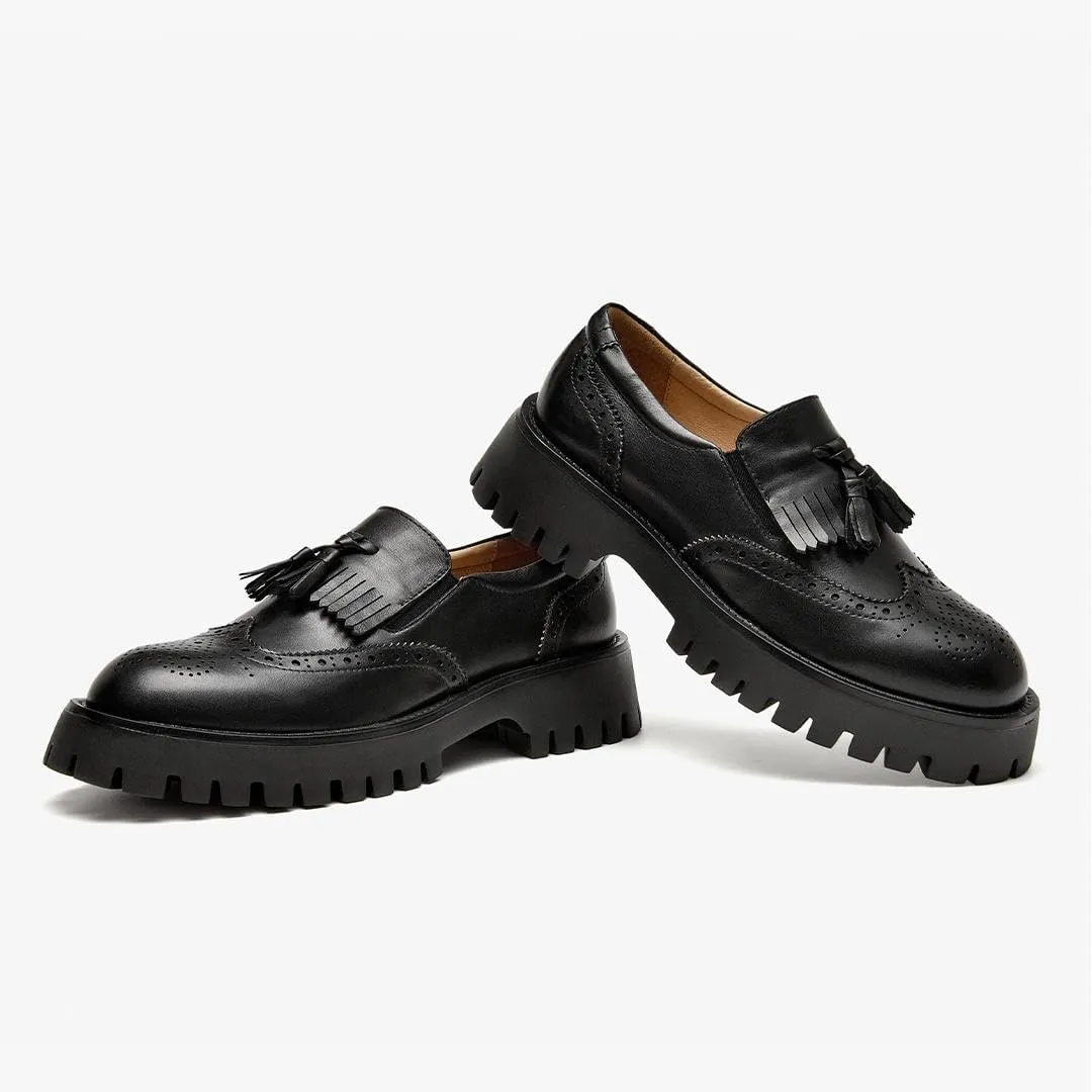 BEAU TODAY Chunky Loafers for Women, Women’s Leather Platform Loafers, Lug Sole Tassel Slip On Loafers Shoes Brogues Wingtip Casual Business Shoes Comfortable Dressy