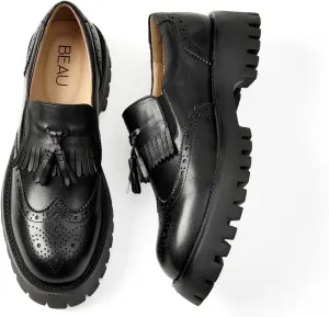 BEAU TODAY Chunky Loafers for Women, Women’s Leather Platform Loafers, Lug Sole Tassel Slip On Loafers Shoes Brogues Wingtip Casual Business Shoes Comfortable Dressy