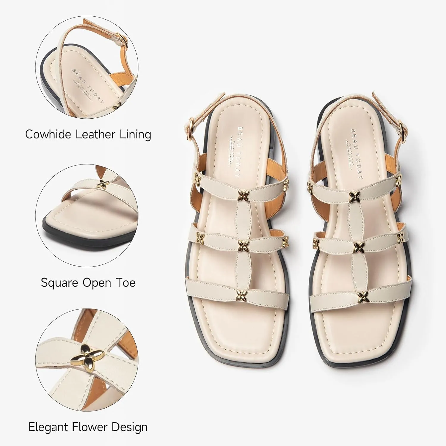 BEAU TODAY Gladiator Sandals for Women, Strappy Leather Fisherman Sandals for Women, Summer Slingback Dressy Comfortable Cute Flats for Wedding Beach Vacation