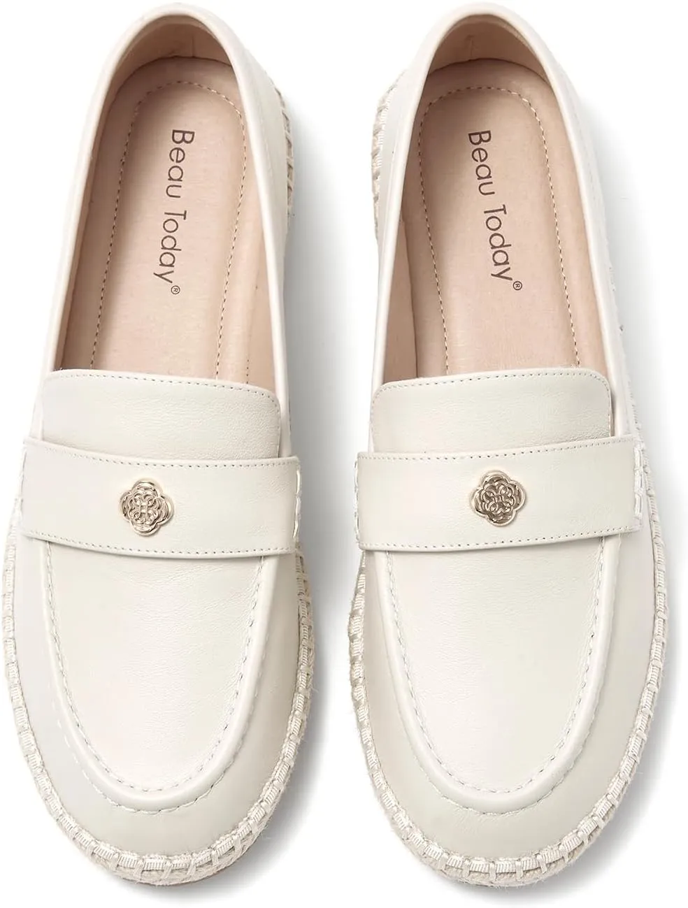 BEAU TODAY Loafers for Women, Classic Womens Penny Loafers, Casual Slip-on Leather Loafers Women, Breathable Lightweight Handmade Work Flats for Women Beige US 5.5