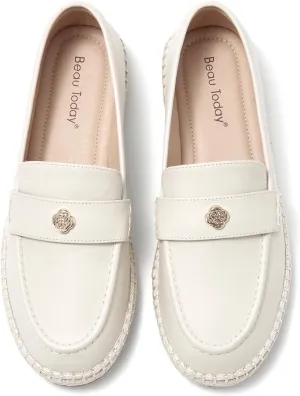 BEAU TODAY Loafers for Women, Classic Womens Penny Loafers, Casual Slip-on Leather Loafers Women, Breathable Lightweight Handmade Work Flats for Women Beige US 5.5