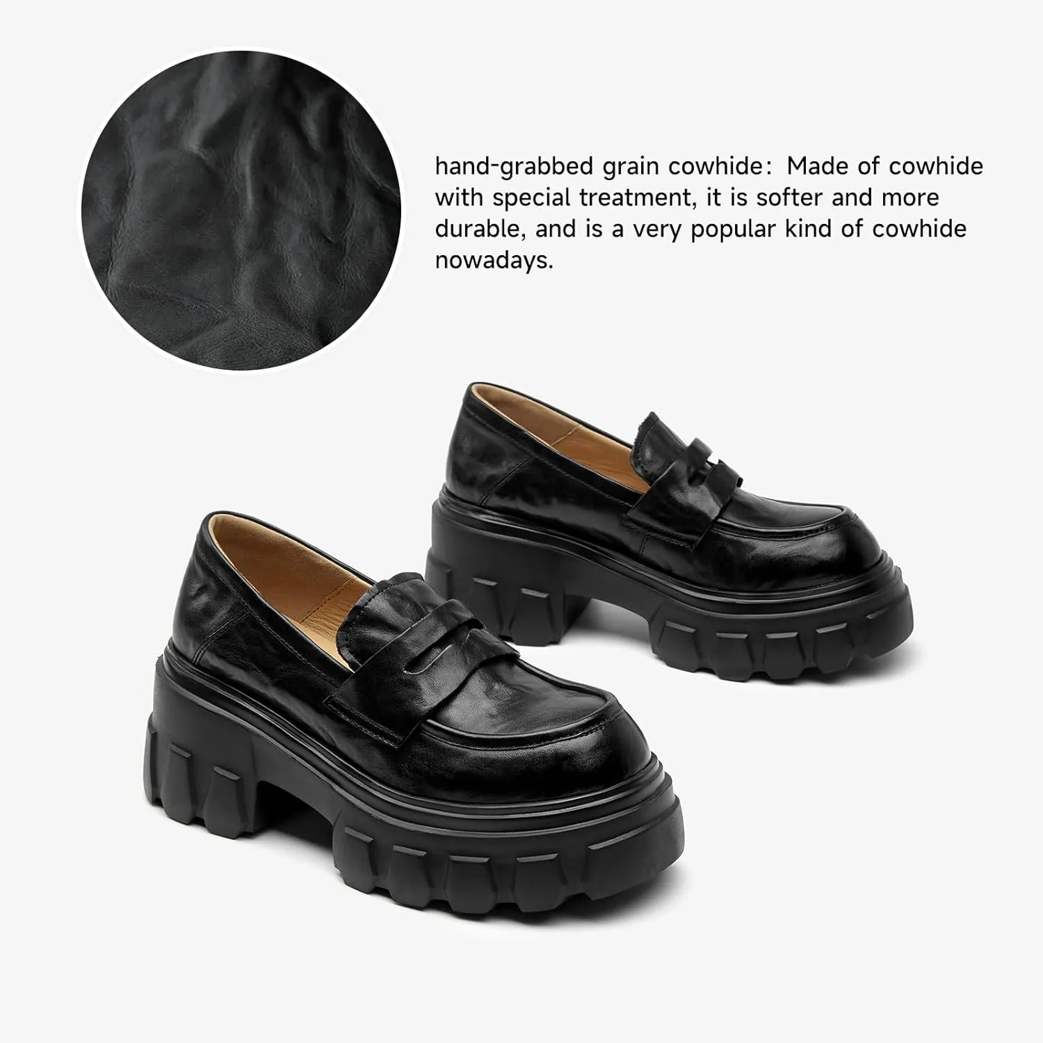 BEAU TODAY Platform Loafers for Women,Chunky Loafers Women,Penny Leather Slip-on Lug Sole Loafers,Round Toe Comfort Casual Fashion Business Work Shoes
