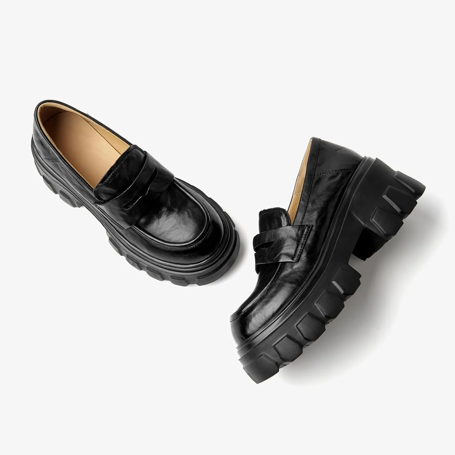 BEAU TODAY Platform Loafers for Women,Chunky Loafers Women,Penny Leather Slip-on Lug Sole Loafers,Round Toe Comfort Casual Fashion Business Work Shoes
