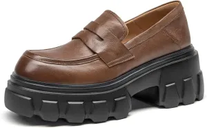 BEAU TODAY Platform Loafers for Women,Chunky Loafers Women,Penny Leather Slip-on Lug Sole Loafers,Round Toe Comfort Casual Fashion Business Work Shoes