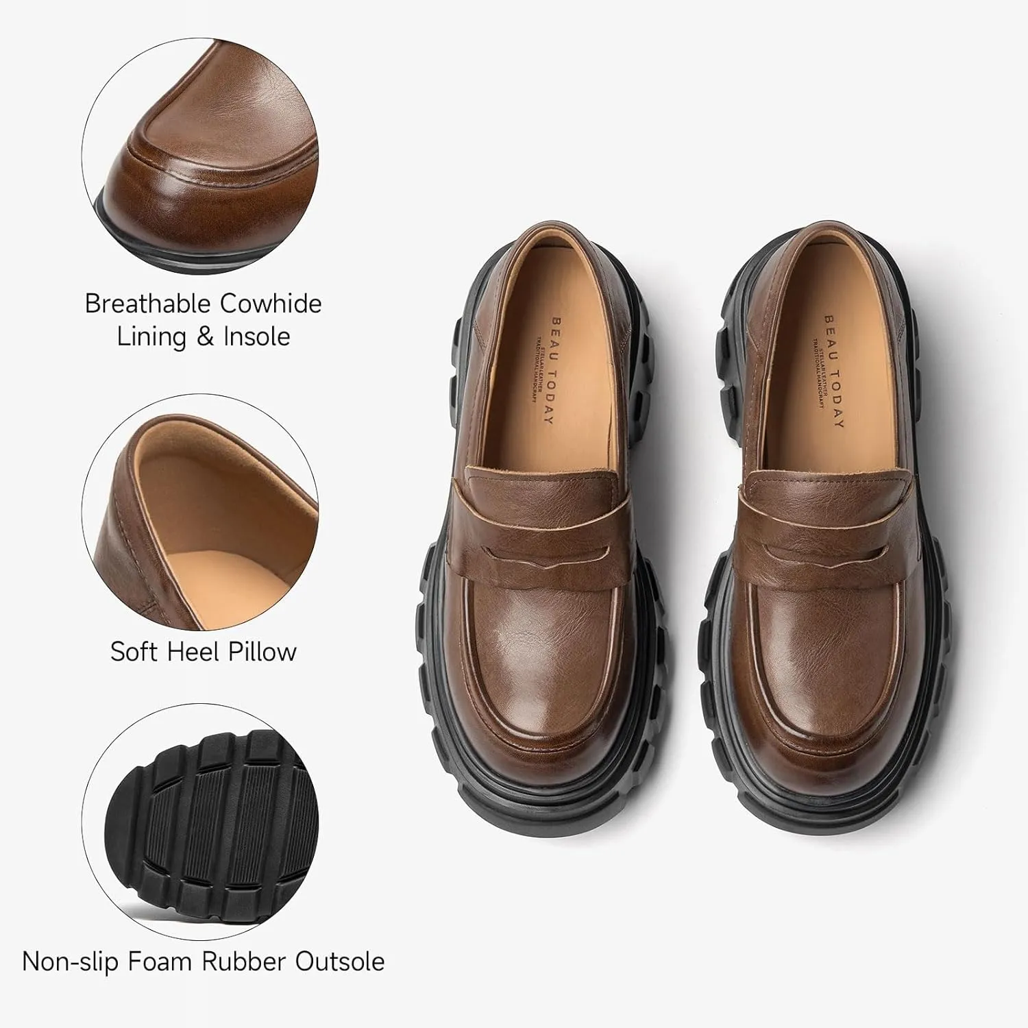 BEAU TODAY Platform Loafers for Women,Chunky Loafers Women,Penny Leather Slip-on Lug Sole Loafers,Round Toe Comfort Casual Fashion Business Work Shoes