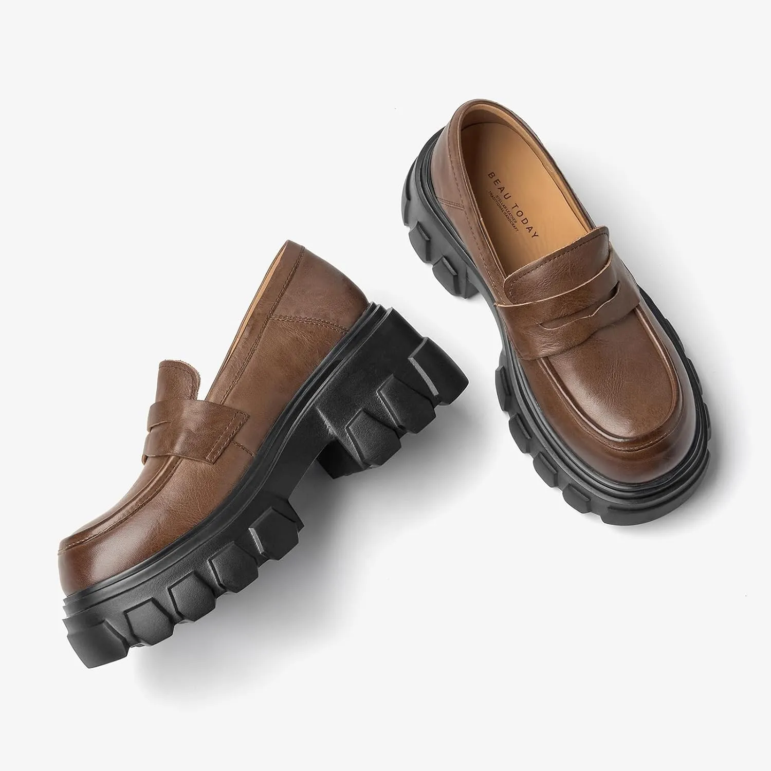 BEAU TODAY Platform Loafers for Women,Chunky Loafers Women,Penny Leather Slip-on Lug Sole Loafers,Round Toe Comfort Casual Fashion Business Work Shoes