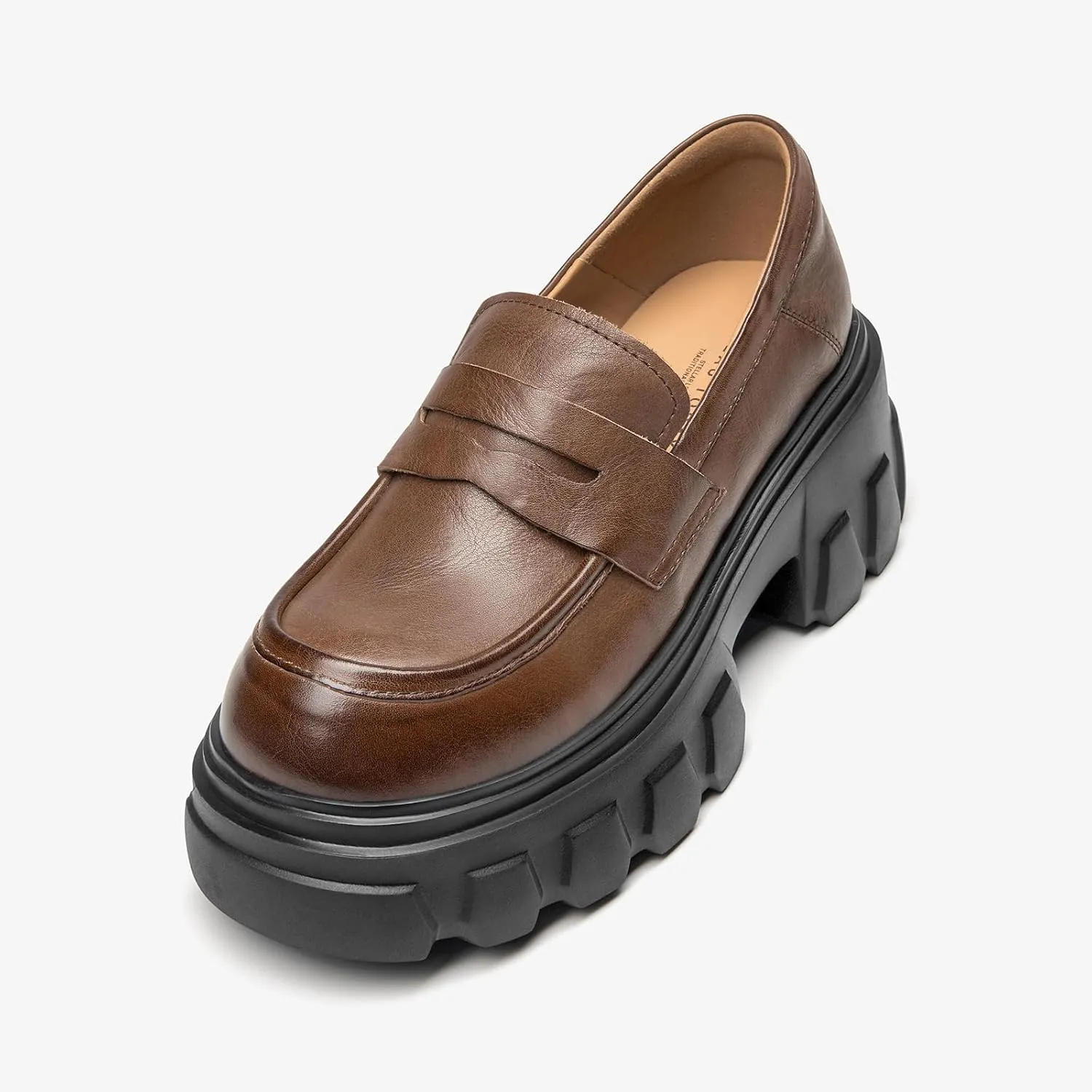 BEAU TODAY Platform Loafers for Women,Chunky Loafers Women,Penny Leather Slip-on Lug Sole Loafers,Round Toe Comfort Casual Fashion Business Work Shoes