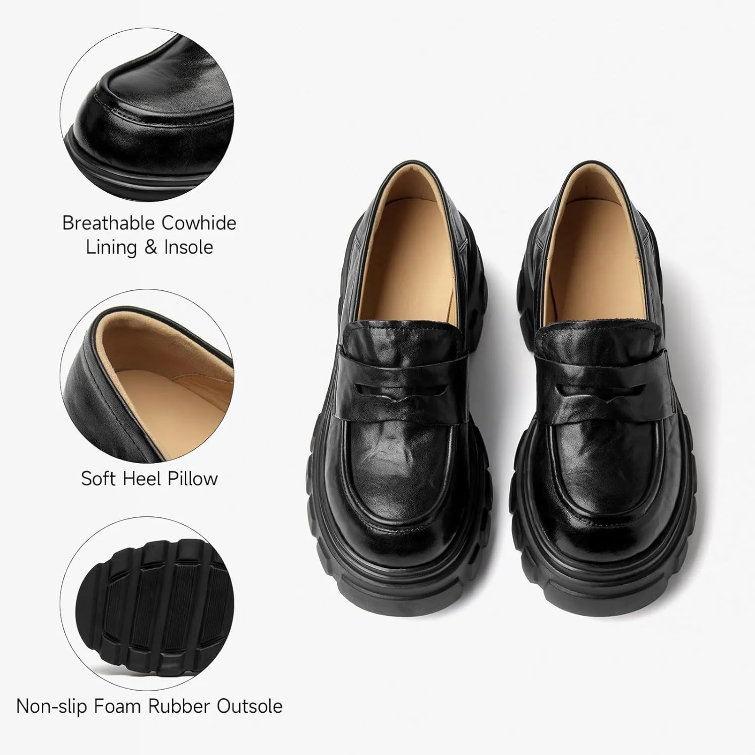 BEAU TODAY Platform Loafers for Women,Chunky Loafers Women,Penny Leather Slip-on Lug Sole Loafers,Round Toe Comfort Casual Fashion Business Work Shoes