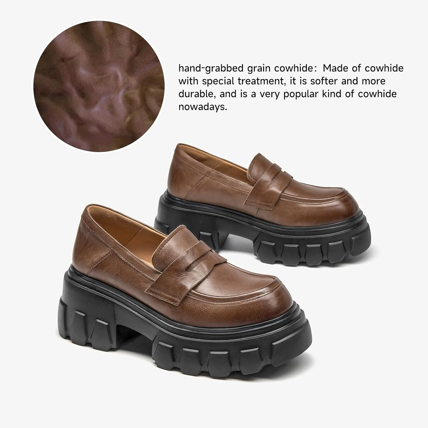 BEAU TODAY Platform Loafers for Women,Chunky Loafers Women,Penny Leather Slip-on Lug Sole Loafers,Round Toe Comfort Casual Fashion Business Work Shoes
