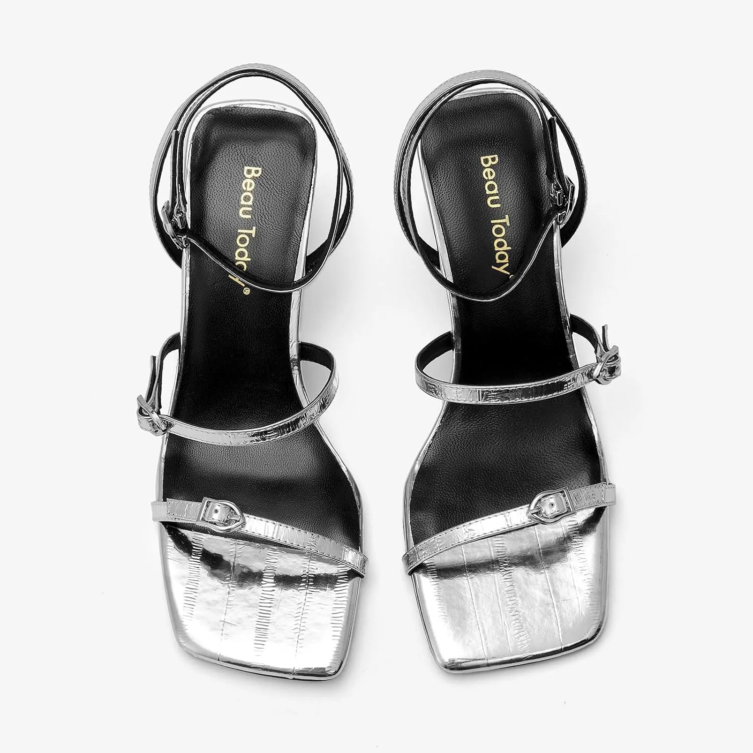 BEAU TODAY Women‘s Heeled Sandals, Strappy Heels for Women Leather Sandals for Party, Prom, Square Open Toe Ankle Strap High Heel Dressy Summer Shoes