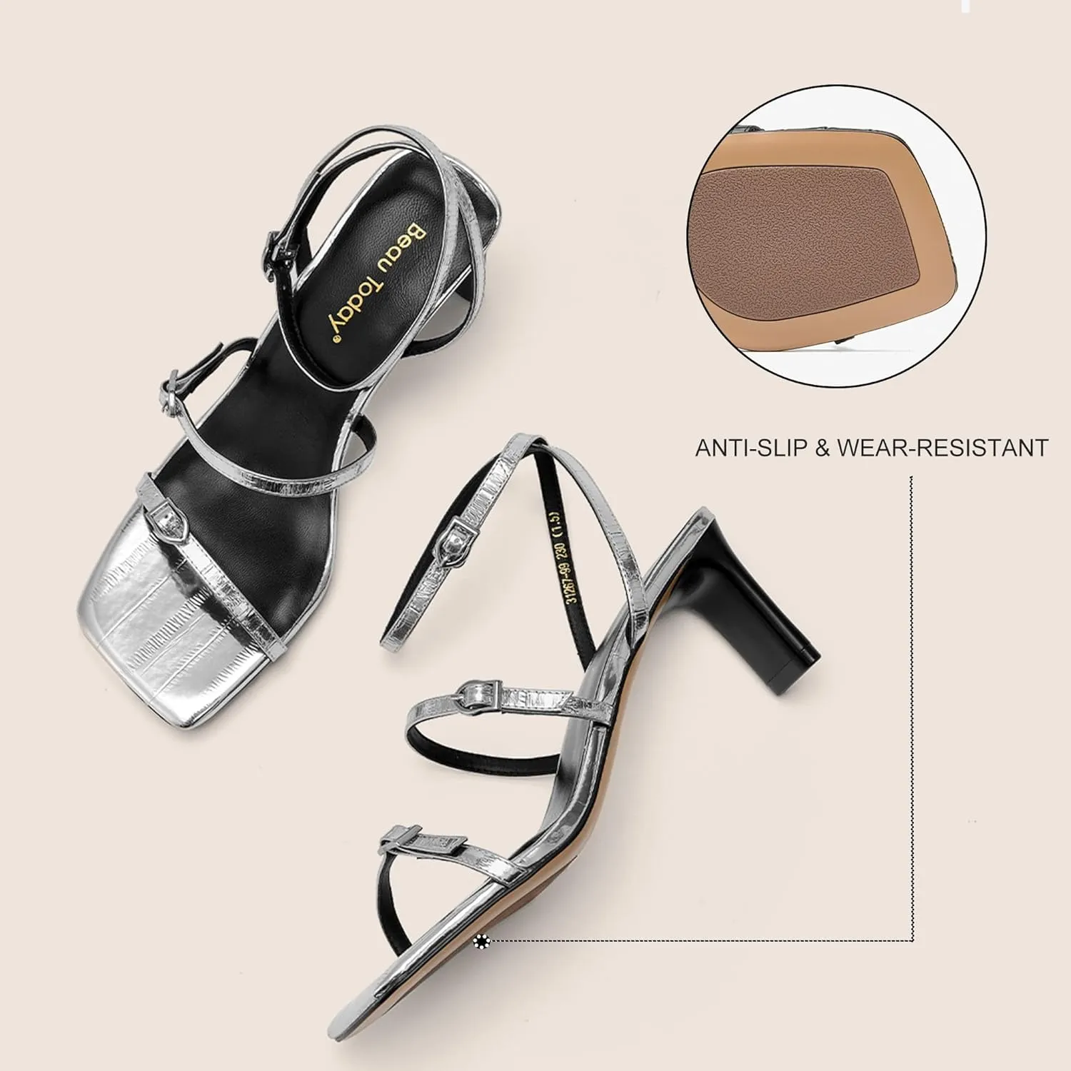 BEAU TODAY Women‘s Heeled Sandals, Strappy Heels for Women Leather Sandals for Party, Prom, Square Open Toe Ankle Strap High Heel Dressy Summer Shoes