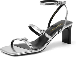 BEAU TODAY Women‘s Heeled Sandals, Strappy Heels for Women Leather Sandals for Party, Prom, Square Open Toe Ankle Strap High Heel Dressy Summer Shoes