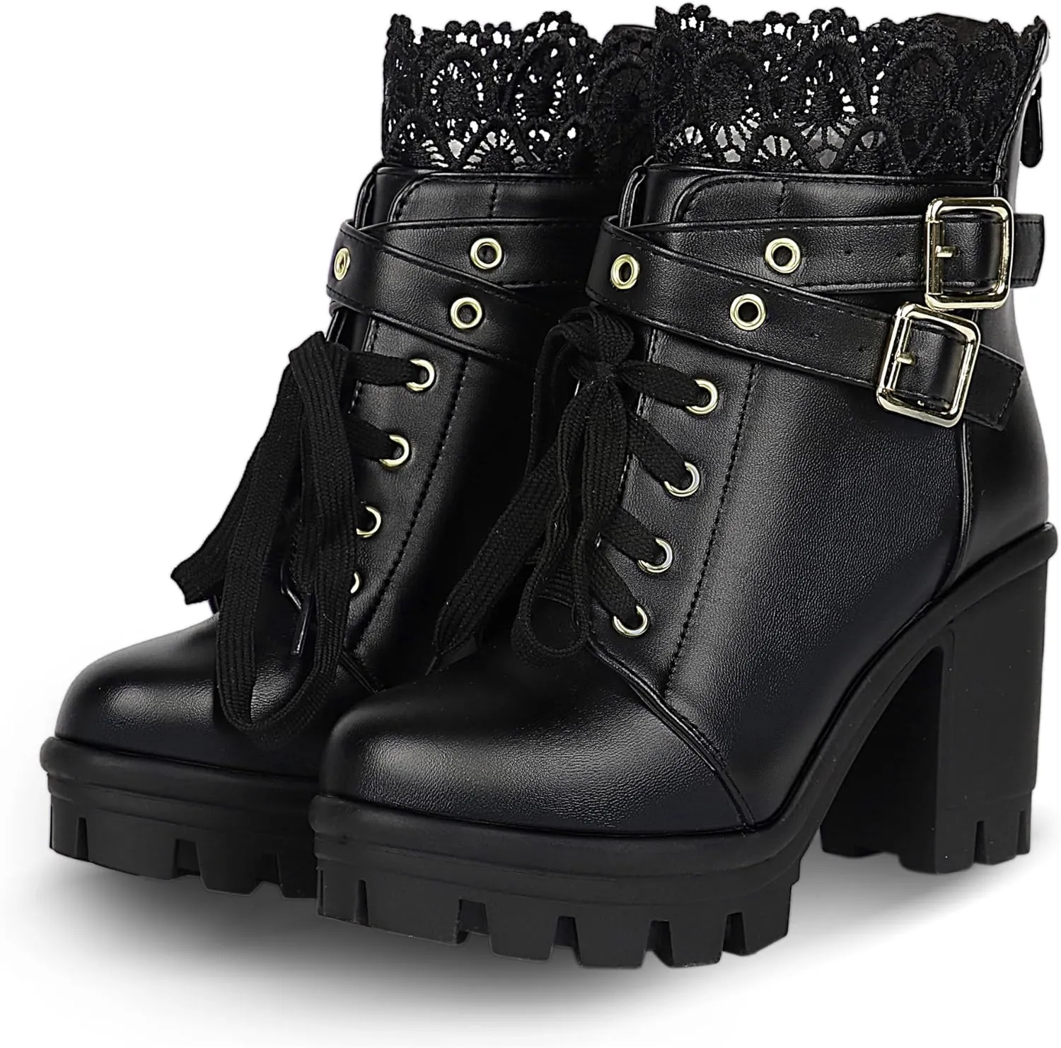 BEAUPAS Women's Chunky Platform High Heel Boots Lace Up Gothic Ankle Booties Block Heel Buckle Punk Shoes
