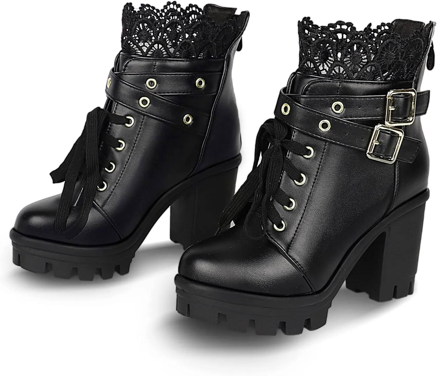 BEAUPAS Women's Chunky Platform High Heel Boots Lace Up Gothic Ankle Booties Block Heel Buckle Punk Shoes