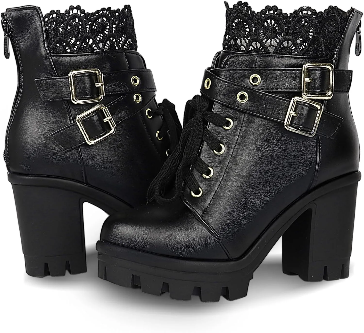 BEAUPAS Women's Chunky Platform High Heel Boots Lace Up Gothic Ankle Booties Block Heel Buckle Punk Shoes