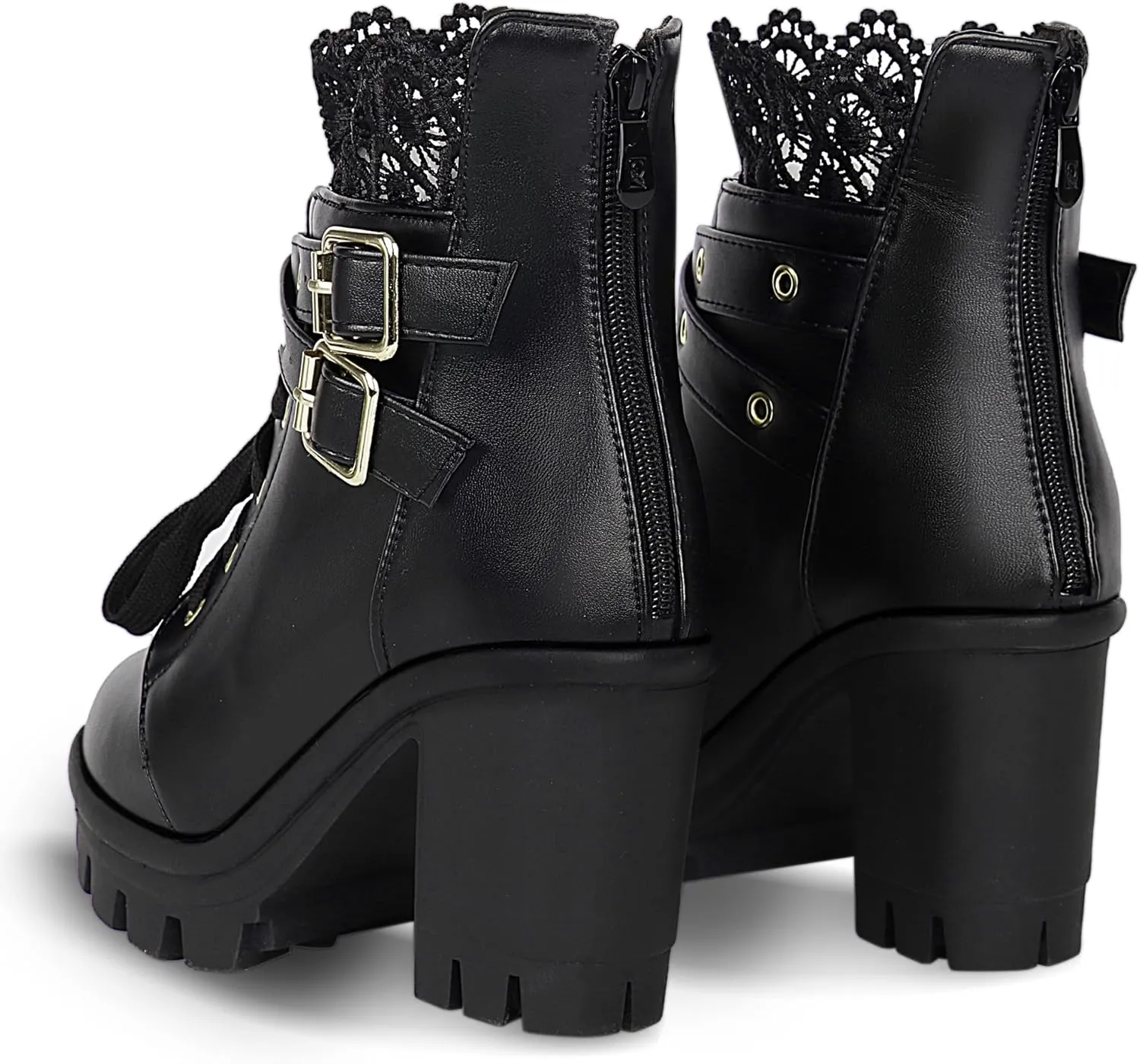 BEAUPAS Women's Chunky Platform High Heel Boots Lace Up Gothic Ankle Booties Block Heel Buckle Punk Shoes