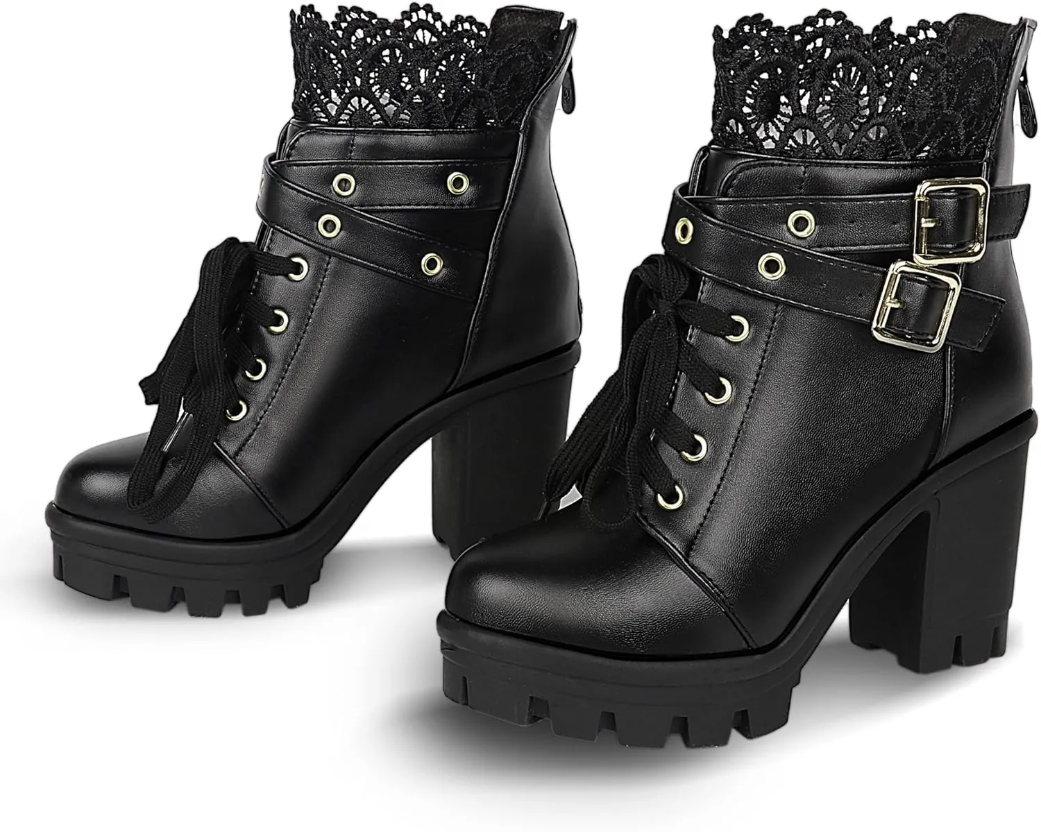 BEAUPAS Women's Chunky Platform High Heel Boots Lace Up Gothic Ankle Booties Block Heel Buckle Punk Shoes