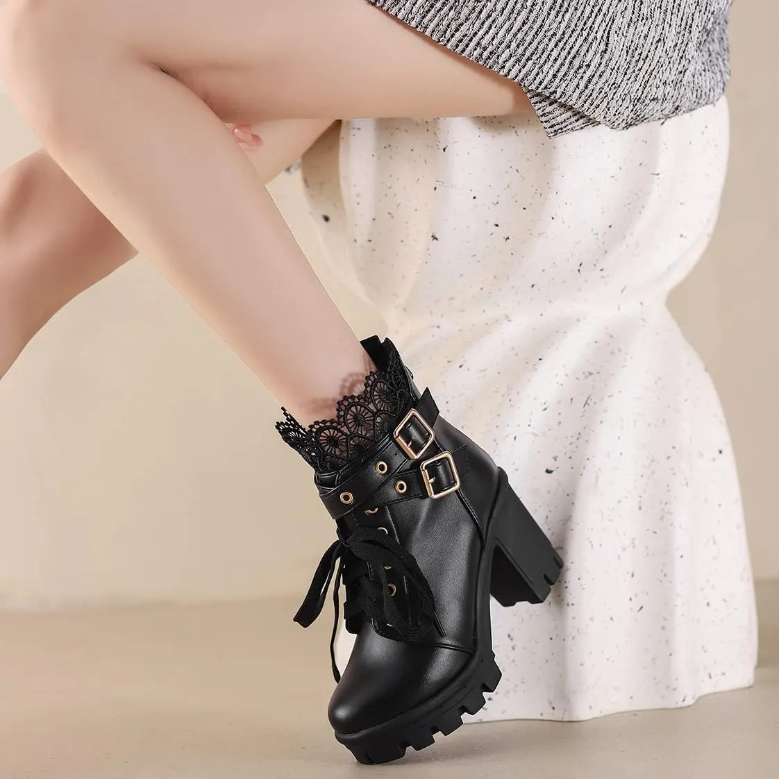 BEAUPAS Women's Chunky Platform High Heel Boots Lace Up Gothic Ankle Booties Block Heel Buckle Punk Shoes