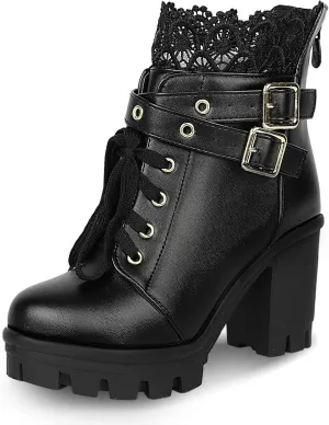 BEAUPAS Women's Chunky Platform High Heel Boots Lace Up Gothic Ankle Booties Block Heel Buckle Punk Shoes