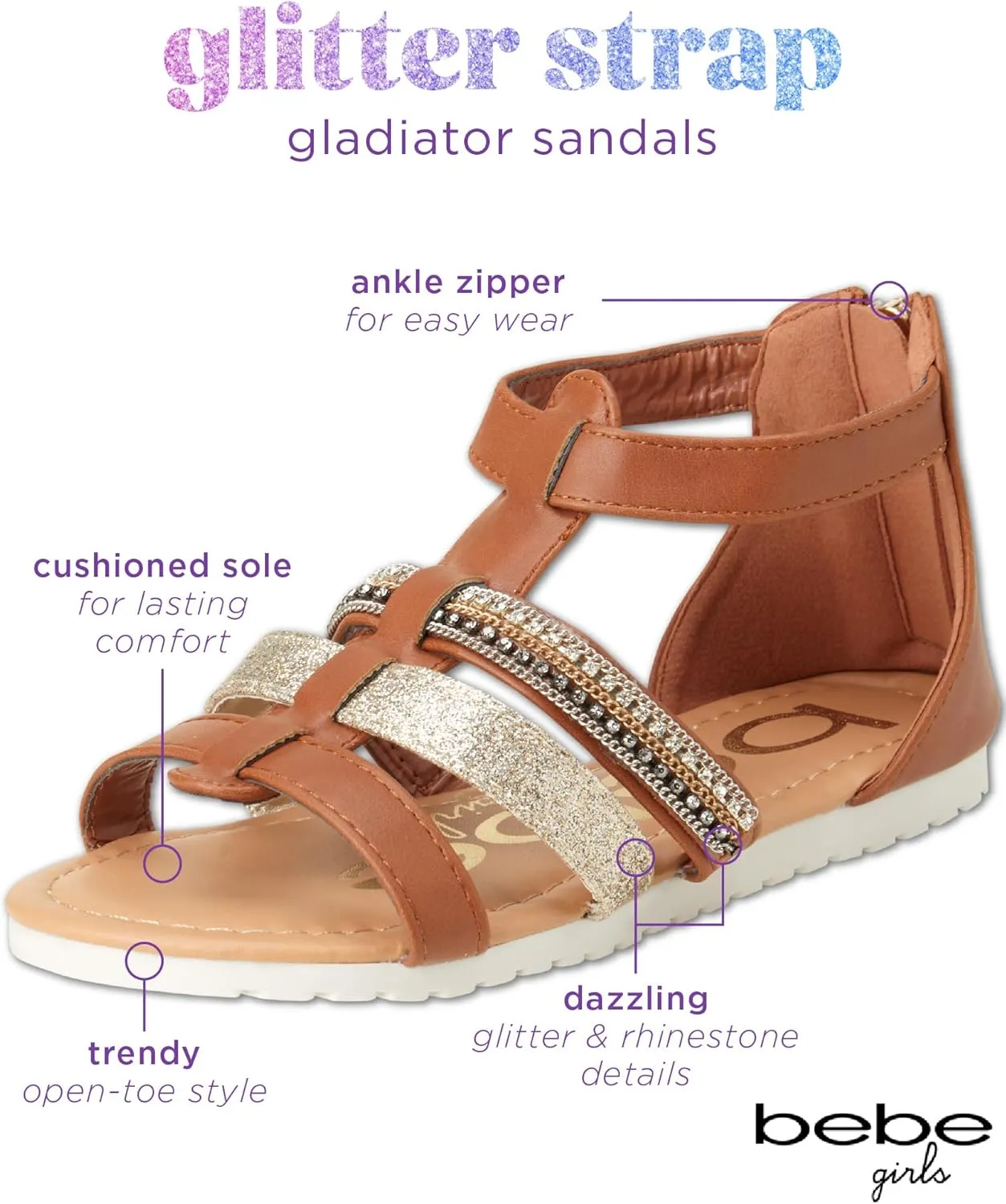 bebe Girls' Sandals - Open Toe Summer Shoes Cute Flat Strappy Gladiator Sandals with Ankle Zipper and Cushioned Sole