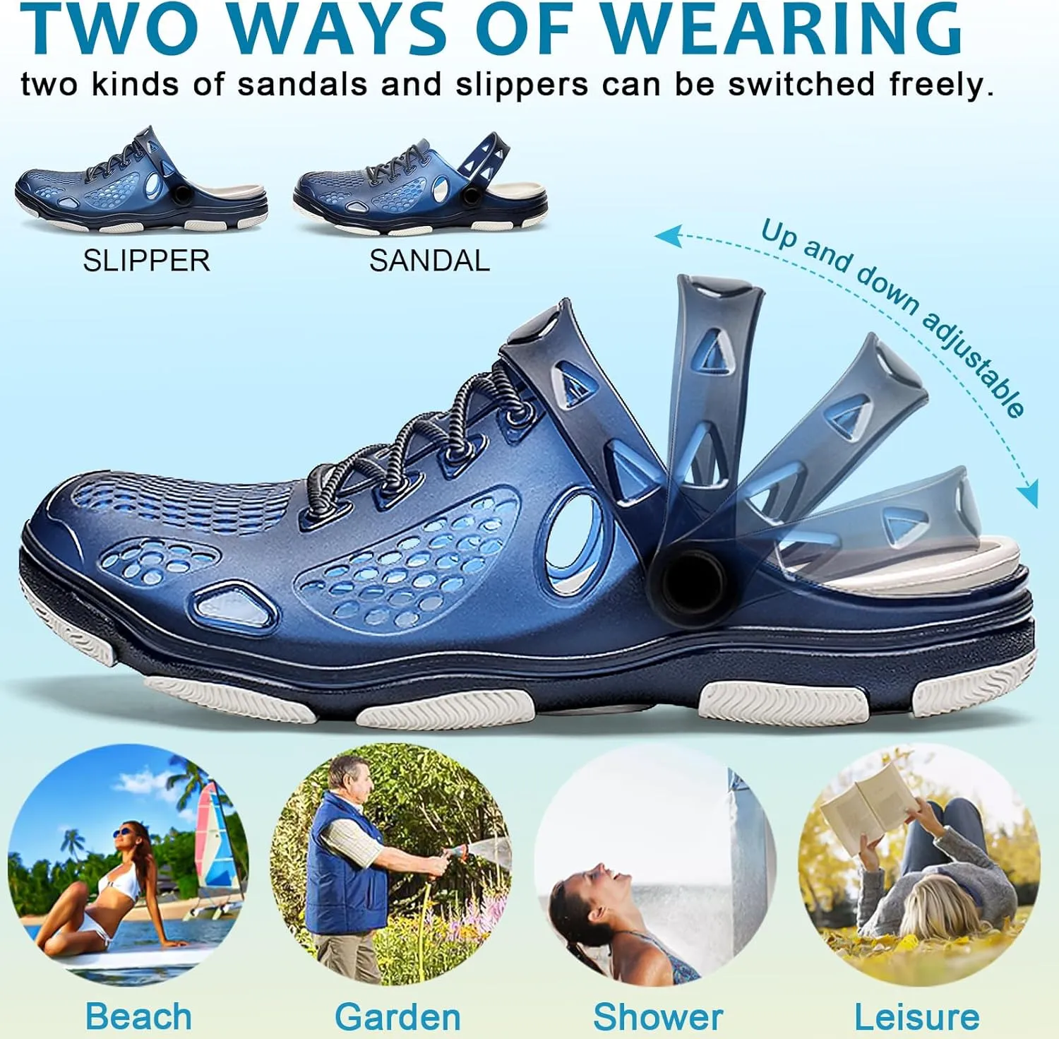 beister Mens Clogs Non Slip Water Shoes with Adjustable Strap, Lightweight Slip on Mules Garden