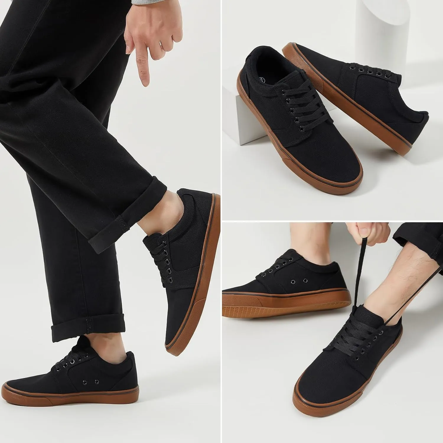 BENPAO Mens White Casual Shoes All Black Fashion Sneakers for Men Low Top Lace Up Canvas Shoes