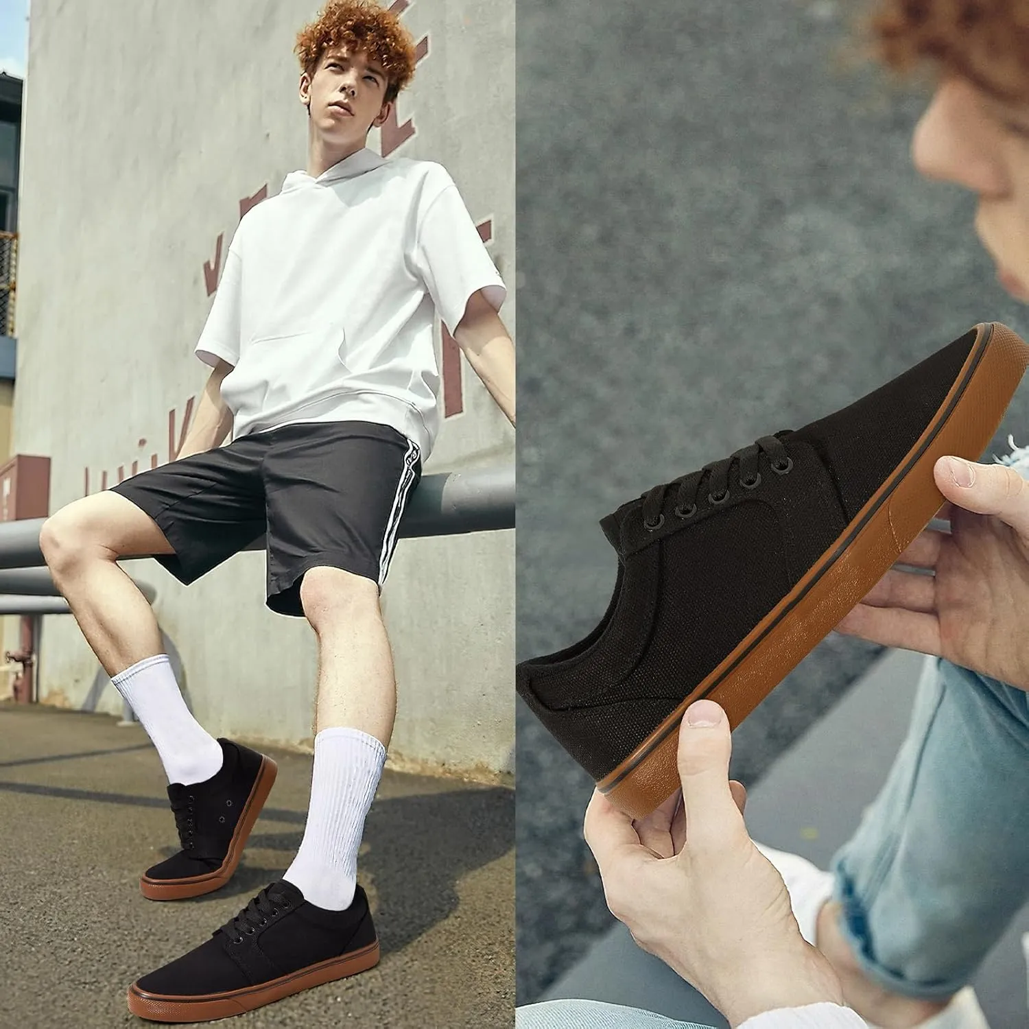 BENPAO Mens White Casual Shoes All Black Fashion Sneakers for Men Low Top Lace Up Canvas Shoes