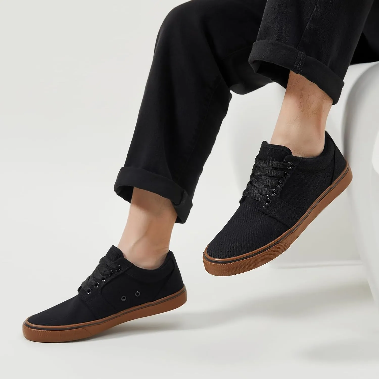 BENPAO Mens White Casual Shoes All Black Fashion Sneakers for Men Low Top Lace Up Canvas Shoes