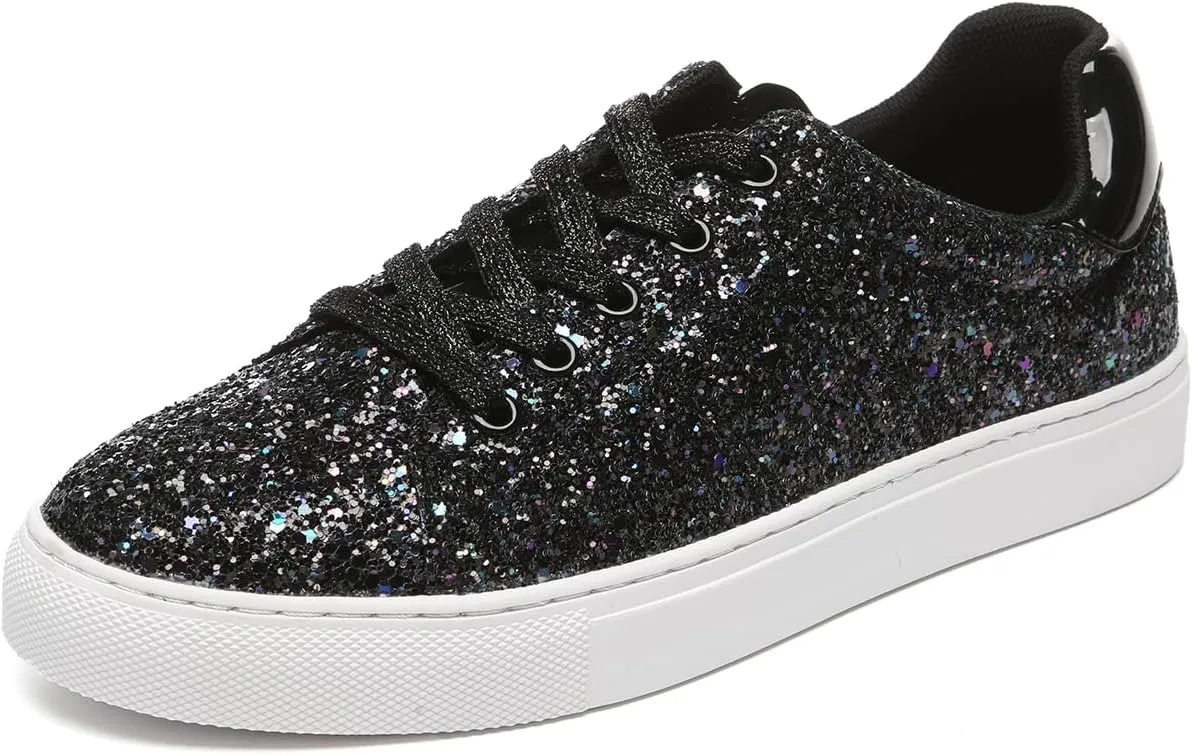 Bernal Women Glitter Sneakers Fashion Shiny Sparkle Sneakers Lightweight Rubber Outsole Non Slip Lace Up Walking Shoes